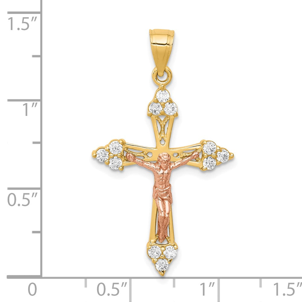 10k Two-tone 21 mm CZ Cubic Zirconia Jesus Crucifix Pendant (1.69 grams)