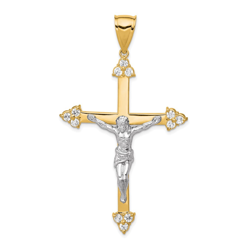 10k Yellow w/Rhodium 37 mm  CZ Cubic Zirconia Jesus Crucifix Pendant