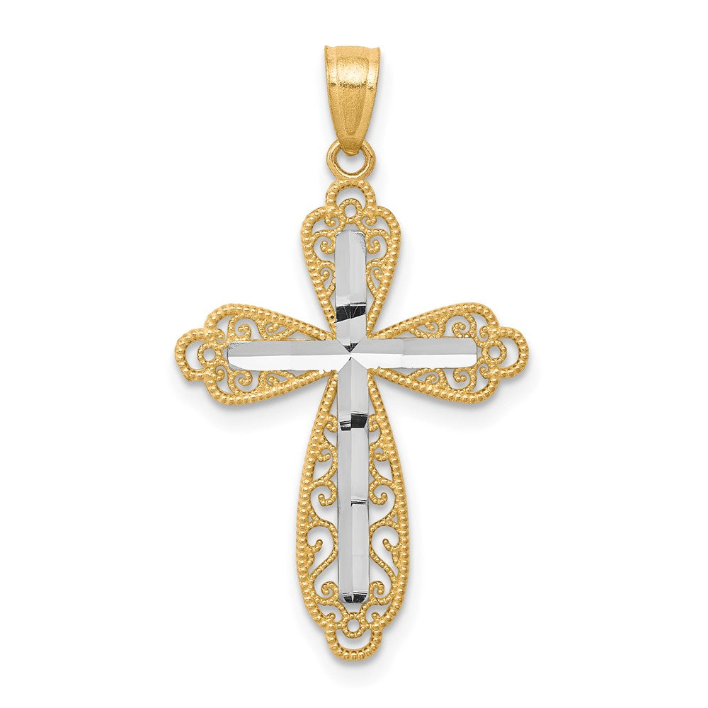 10k Yellow w/Rhodium 18 mm  Diamond-Cut Cross Pendant