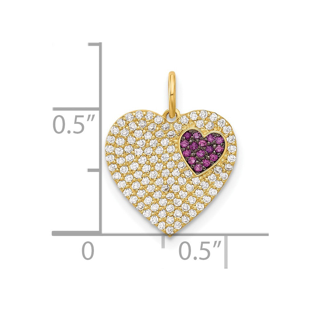 10k Yellow Gold 13.75 mm Polished Clear & Red CZ Cubic Zirconia Heart Charm