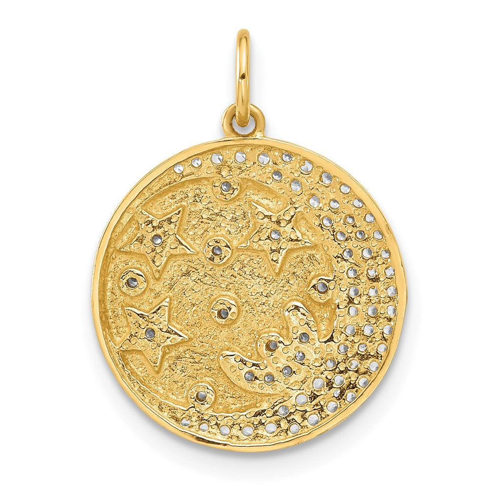 10k Yellow Gold 16.1 mm Polished CZ Cubic Zirconia Moon and Stars Disc Charm