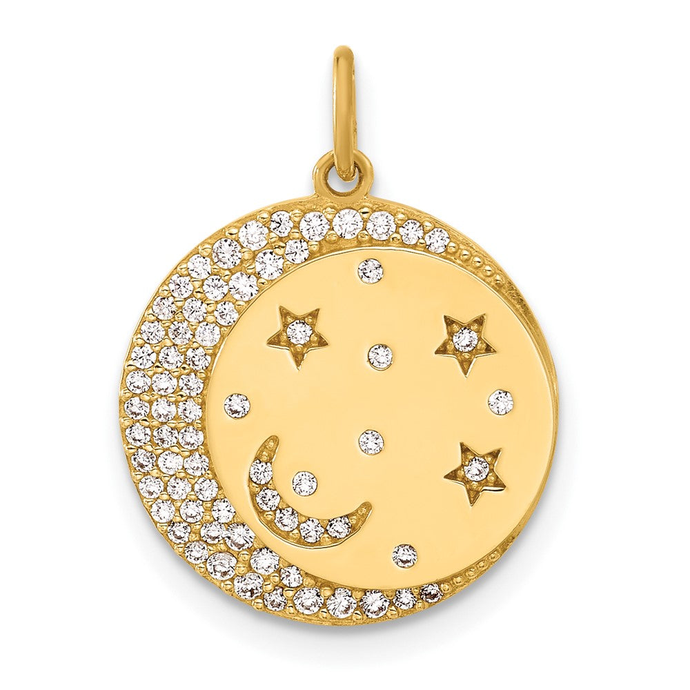 10k Yellow Gold 16.1 mm Polished CZ Cubic Zirconia Moon and Stars Disc Charm