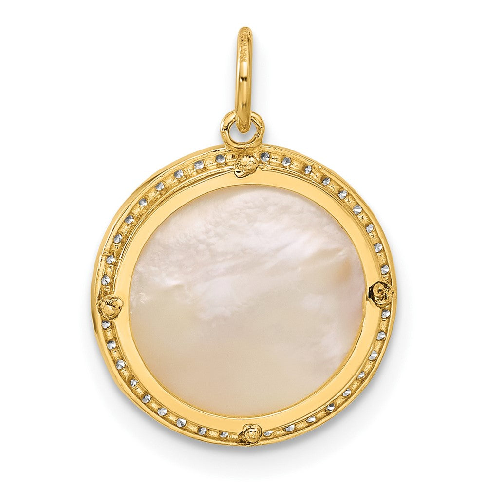 10k Yellow Gold 14.25 mm Polished CZ Cubic Zirconia and Mother of Pearl Sun Moon and Stars Disc Charm (1.03 grams)