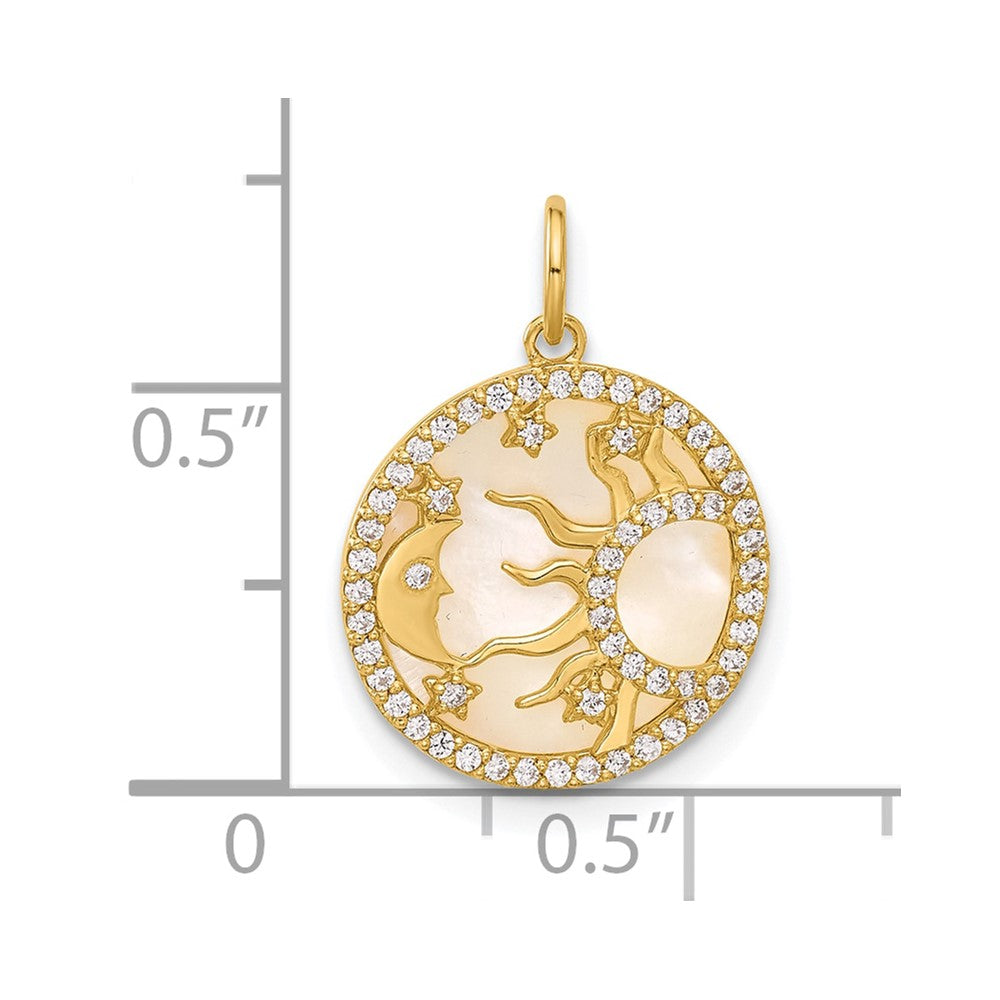 10k Yellow Gold 14.25 mm Polished CZ Cubic Zirconia and Mother of Pearl Sun Moon and Stars Disc Charm (1.03 grams)