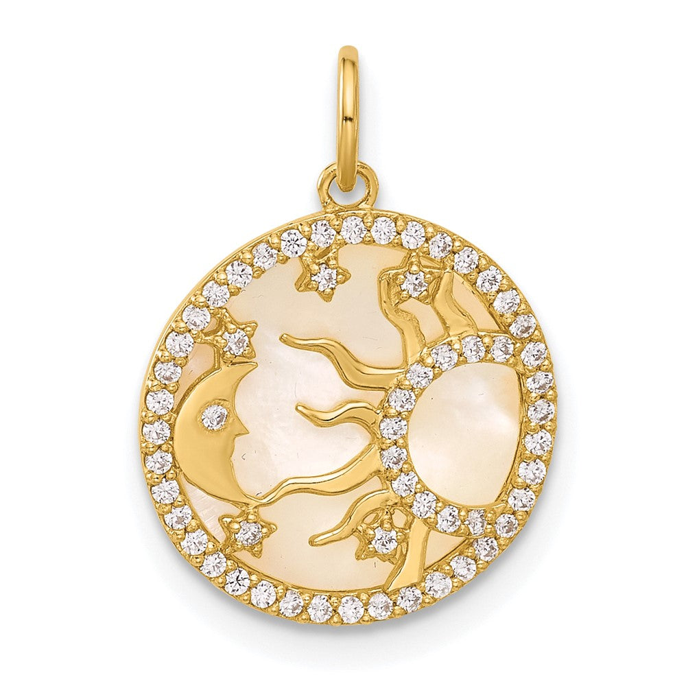 10k Yellow Gold 14.25 mm Polished CZ Cubic Zirconia and Mother of Pearl Sun Moon and Stars Disc Charm (1.03 grams)