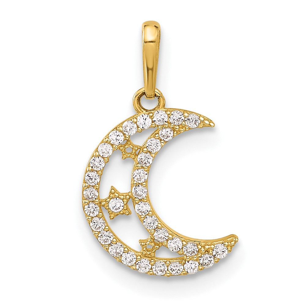 10k Yellow Gold 10 mm Polished Clear CZ Cubic Zirconia Moon and Stars Charm