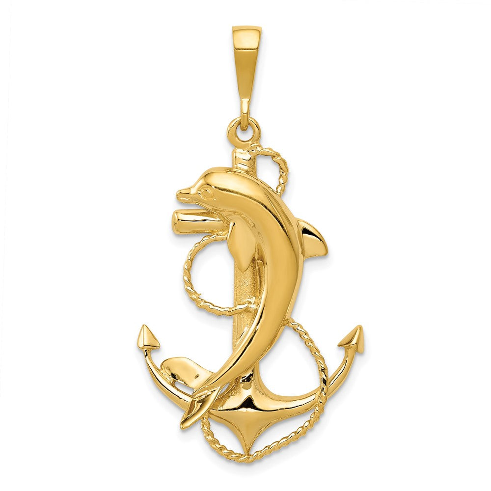 10k Yellow Gold 23 mm Solid Polished Anchor with Dolphin Pendant