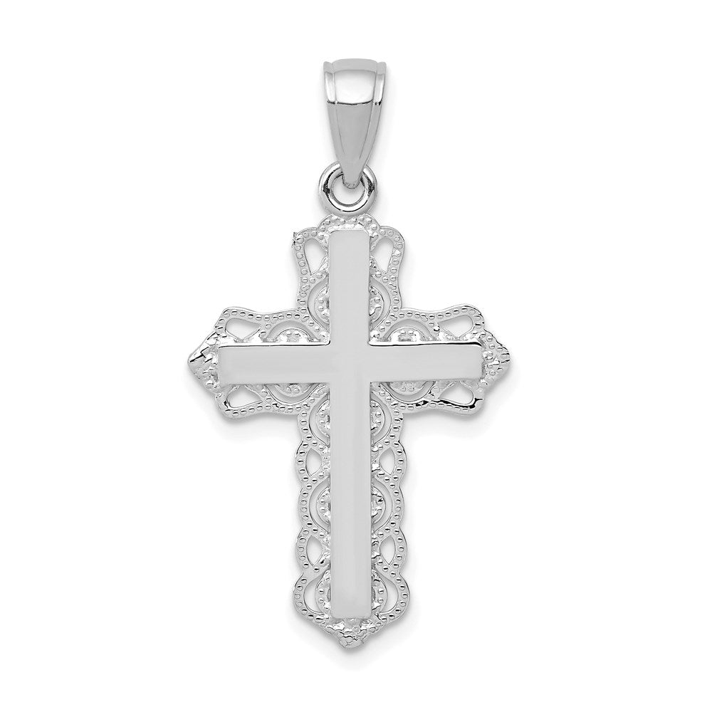 10k White Gold 17.25 mm Lace Trim Cross Pendant