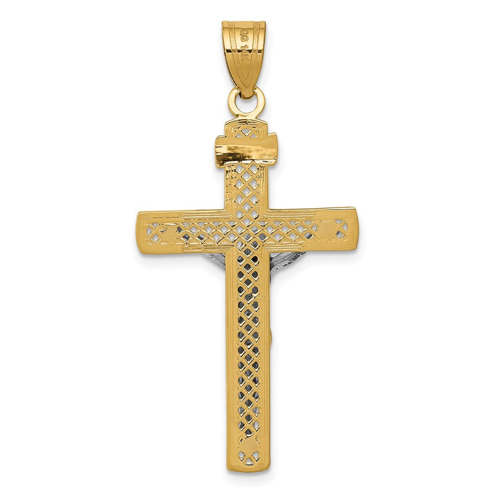 10k Two-tone 21 mm Two-tone D/C Large Block Lattice Cross w/Jesus Crucifix Pendant (1.57 grams)