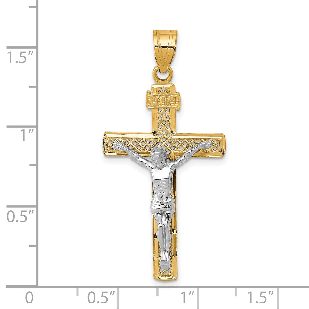 10k Two-tone 21 mm Two-tone D/C Large Block Lattice Cross w/Jesus Crucifix Pendant (1.57 grams)