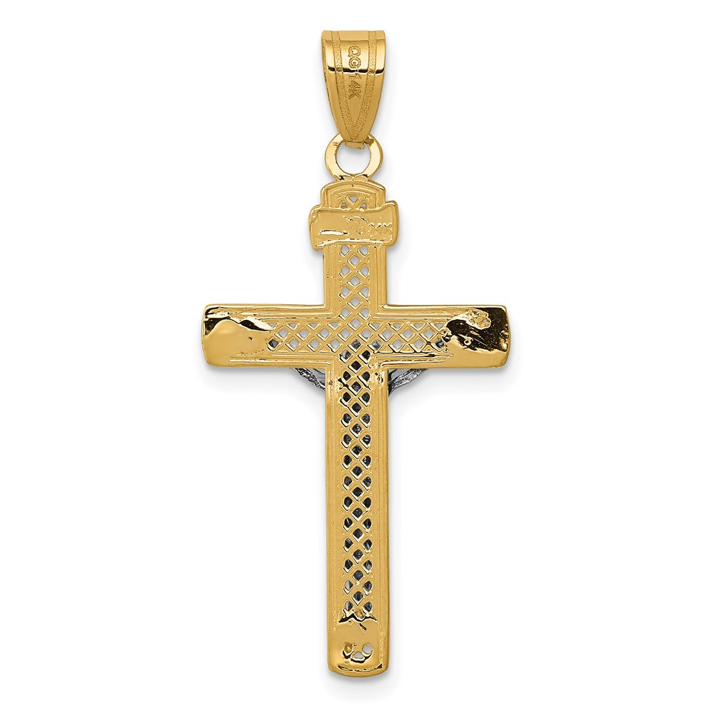 10k Two-tone 16 mm Two-tone D/C Medium Block Lattice Cross w/Jesus Crucifix Pendant (1.13 grams)