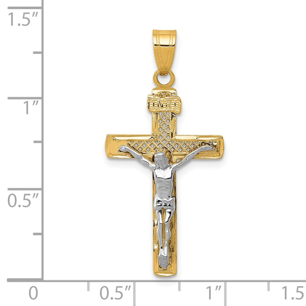 10k Two-tone 16 mm Two-tone D/C Medium Block Lattice Cross w/Jesus Crucifix Pendant (1.13 grams)