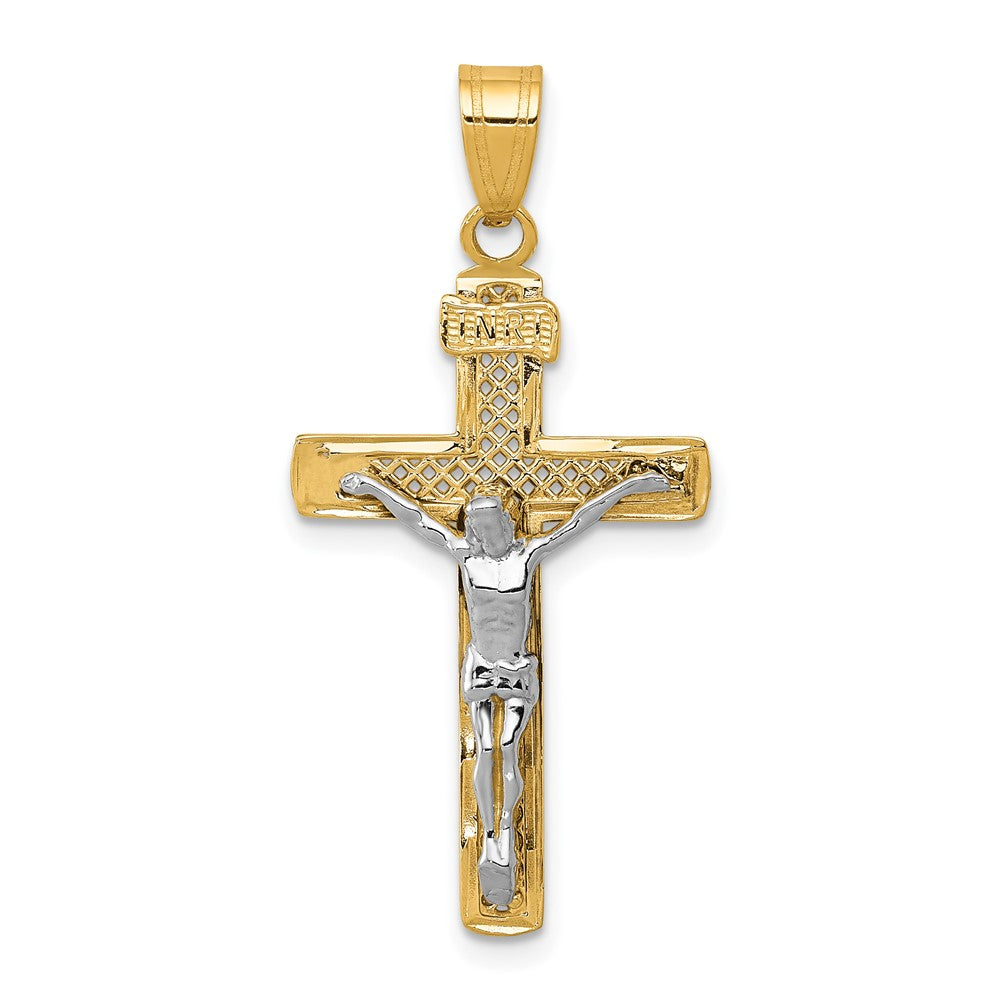 10k Two-tone 16 mm Two-tone D/C Medium Block Lattice Cross w/Jesus Crucifix Pendant (1.13 grams)