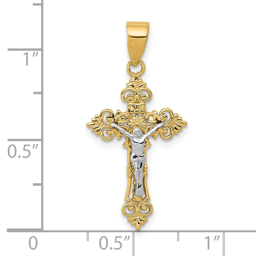 10k Two-tone 14 mm Two-tone Small Lacey-edged INRI Jesus Crucifix Pendant (1.02 grams)