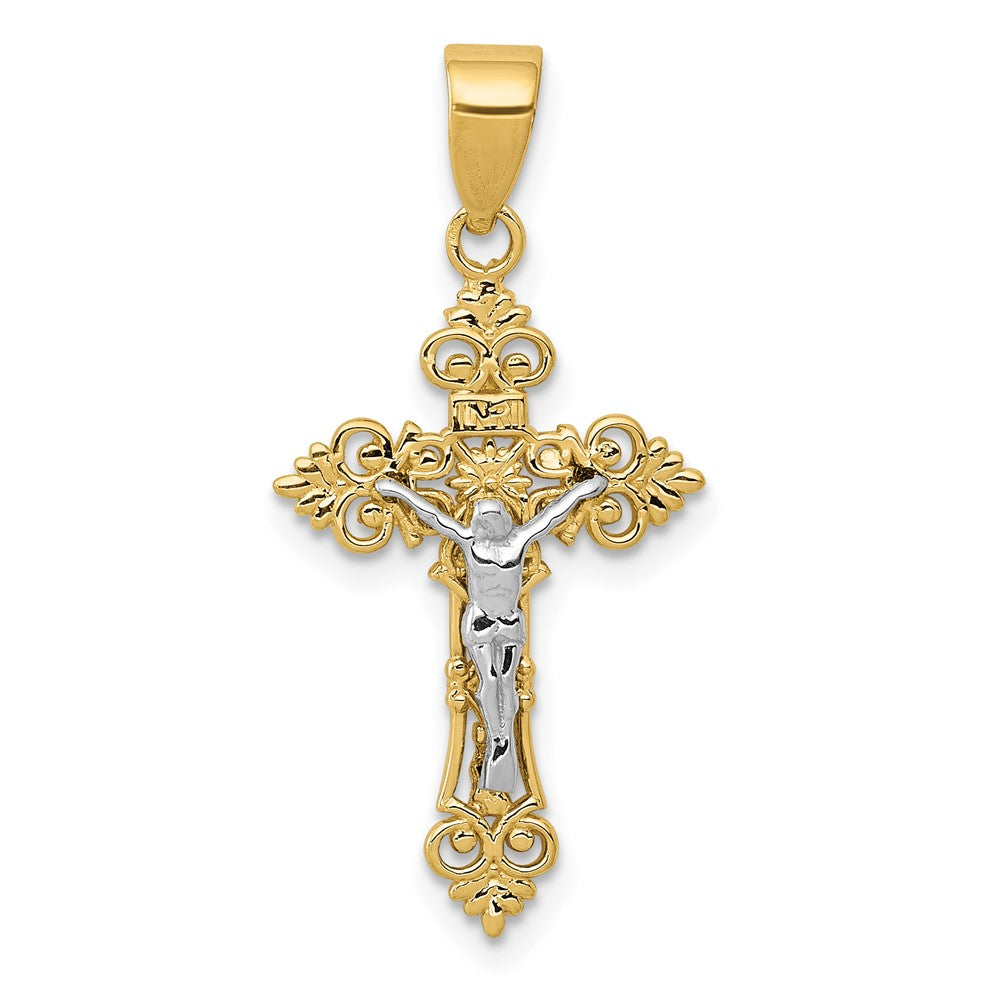 10k Two-tone 14 mm Two-tone Small Lacey-edged INRI Jesus Crucifix Pendant (1.02 grams)