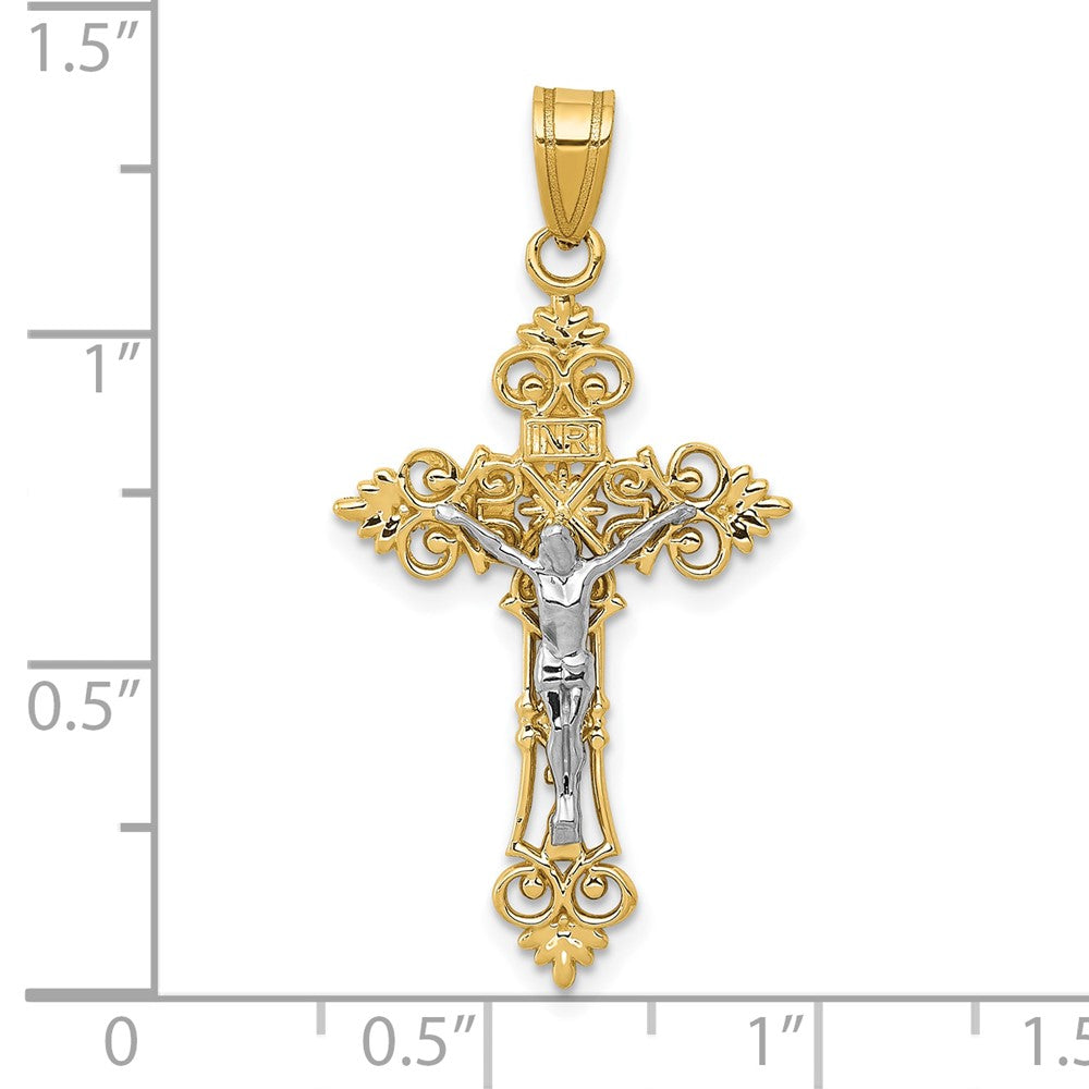 10k Two-tone 18 mm Two-tone Medium Lacey-edged INRI Jesus Crucifix Pendant (1.56 grams)