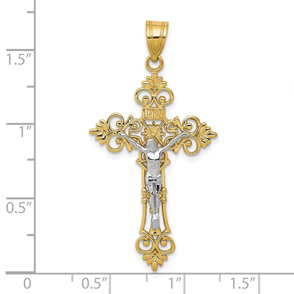 10k Two-tone 22 mm Two-tone Large Lacey-edged INRI Jesus Crucifix Pendant (2.31 grams)