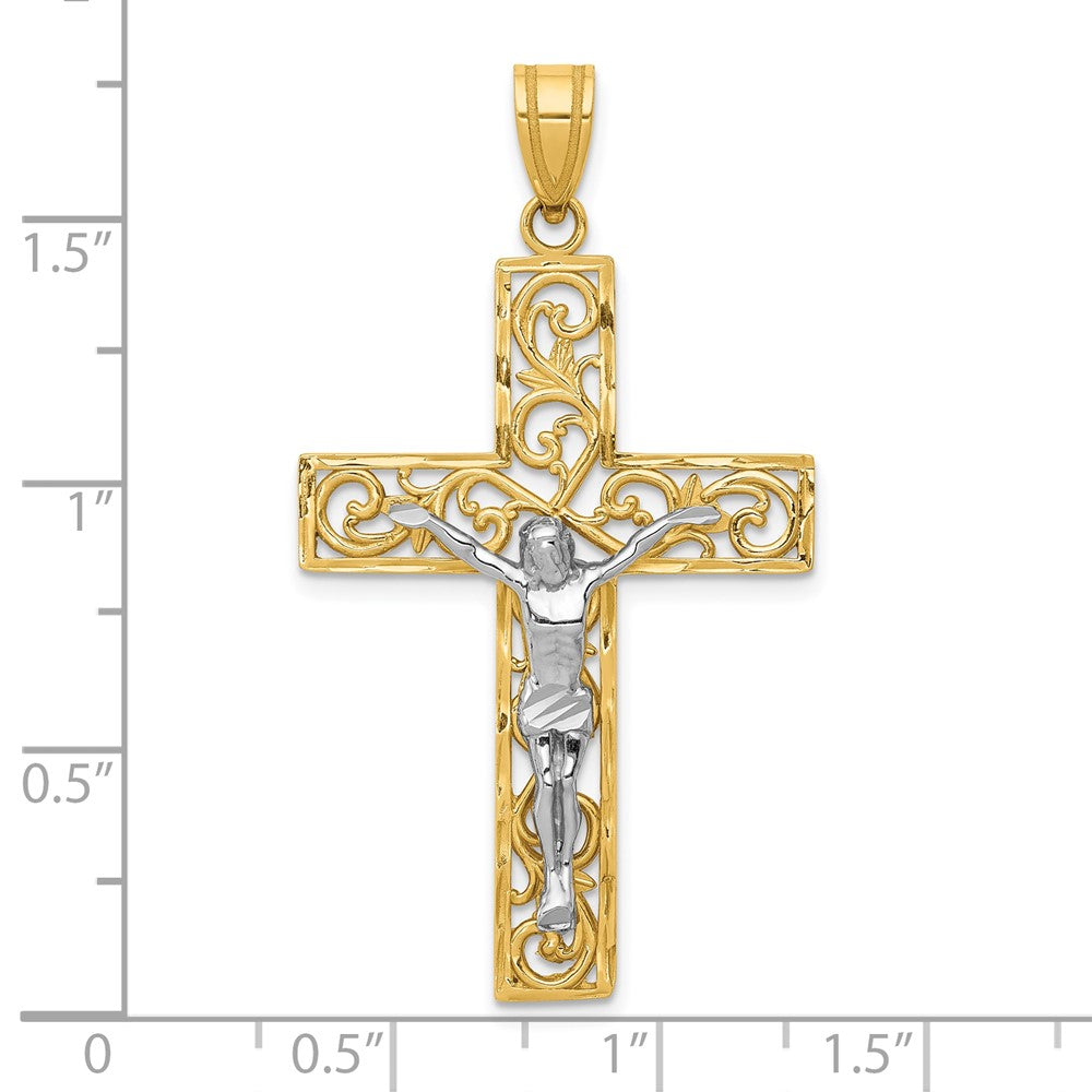 10k Two-tone 25 mm Two-tone D/C Large Block Filigree Cross w/Jesus Crucifix Pendant (2.25 grams)