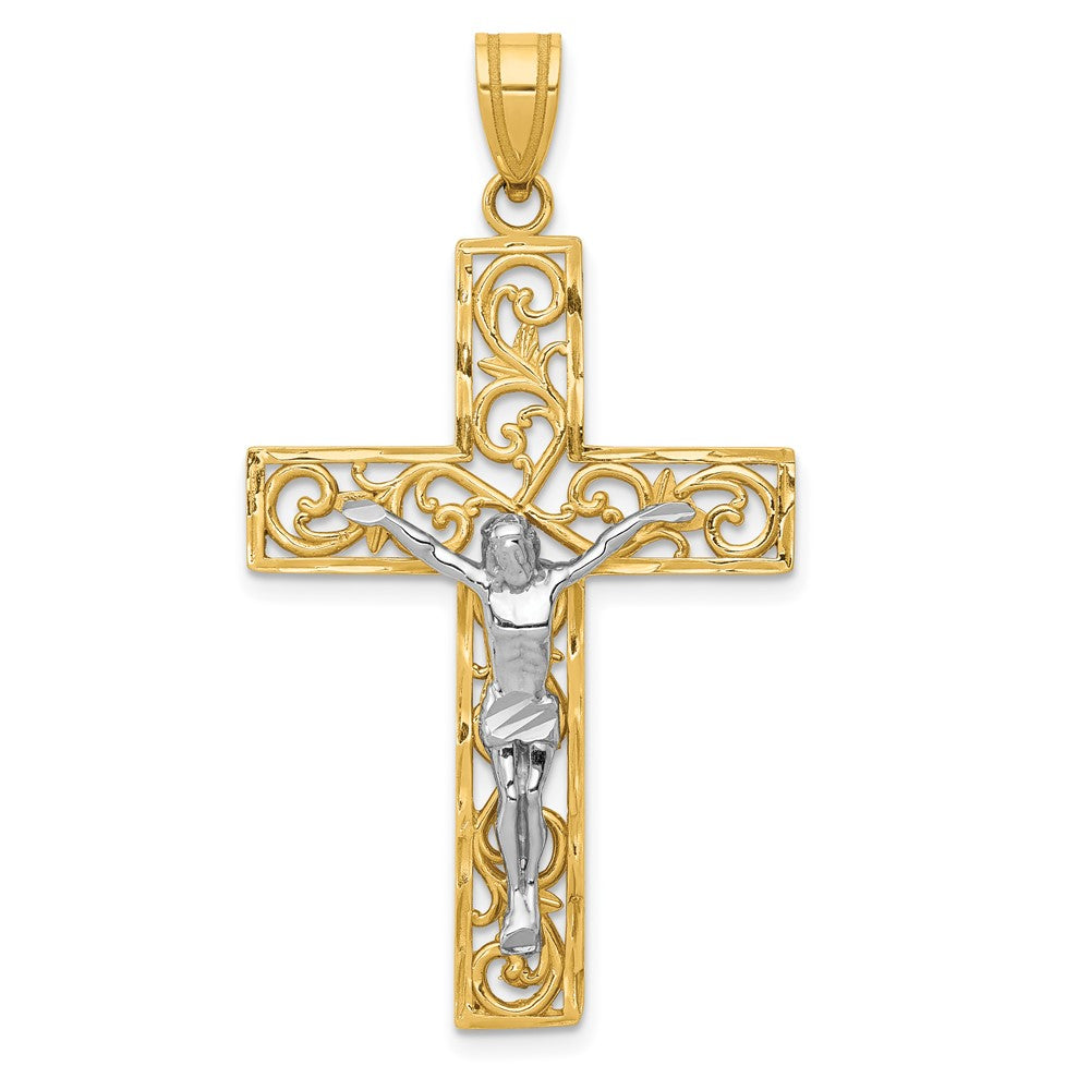 10k Two-tone 25 mm Two-tone D/C Large Block Filigree Cross w/Jesus Crucifix Pendant