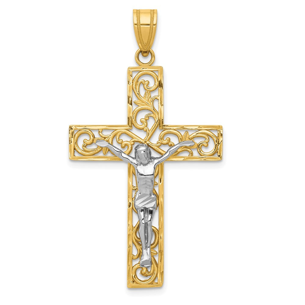 10k Two-tone 25 mm Two-tone D/C Large Block Filigree Cross w/Jesus Crucifix Pendant (2.25 grams)