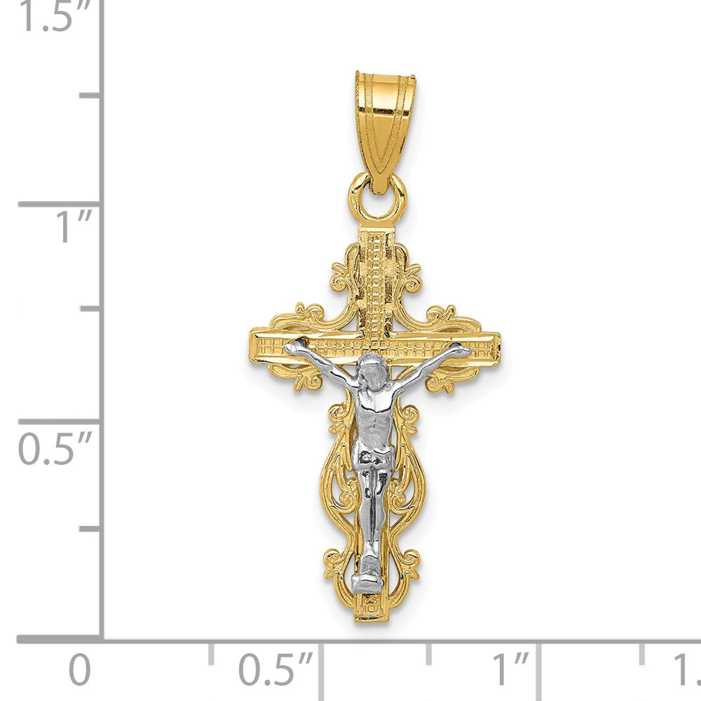 10k Two-tone 14 mm Two-tone Small Narrow Cross w/Jesus Crucifix Pendant (1.07 grams)