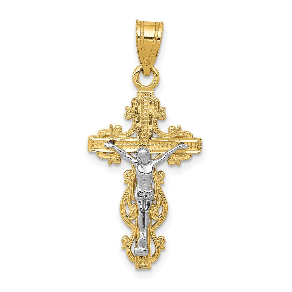 10k Two-tone 14 mm Two-tone Small Narrow Cross w/Jesus Crucifix Pendant