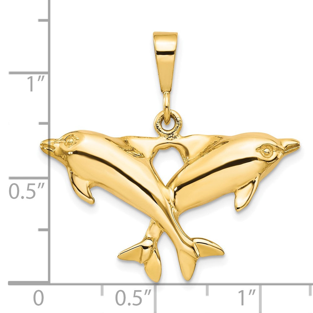 10k Yellow Gold 31 mm Solid Polished Twin Dolphins Charm (2.53 grams)