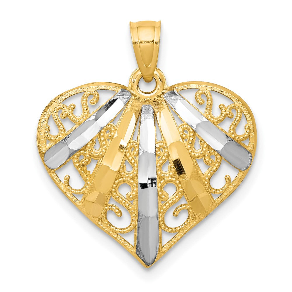 10k Yellow w/Rhodium 40 mm  Diamond-Cut Filigree Heart Pendant