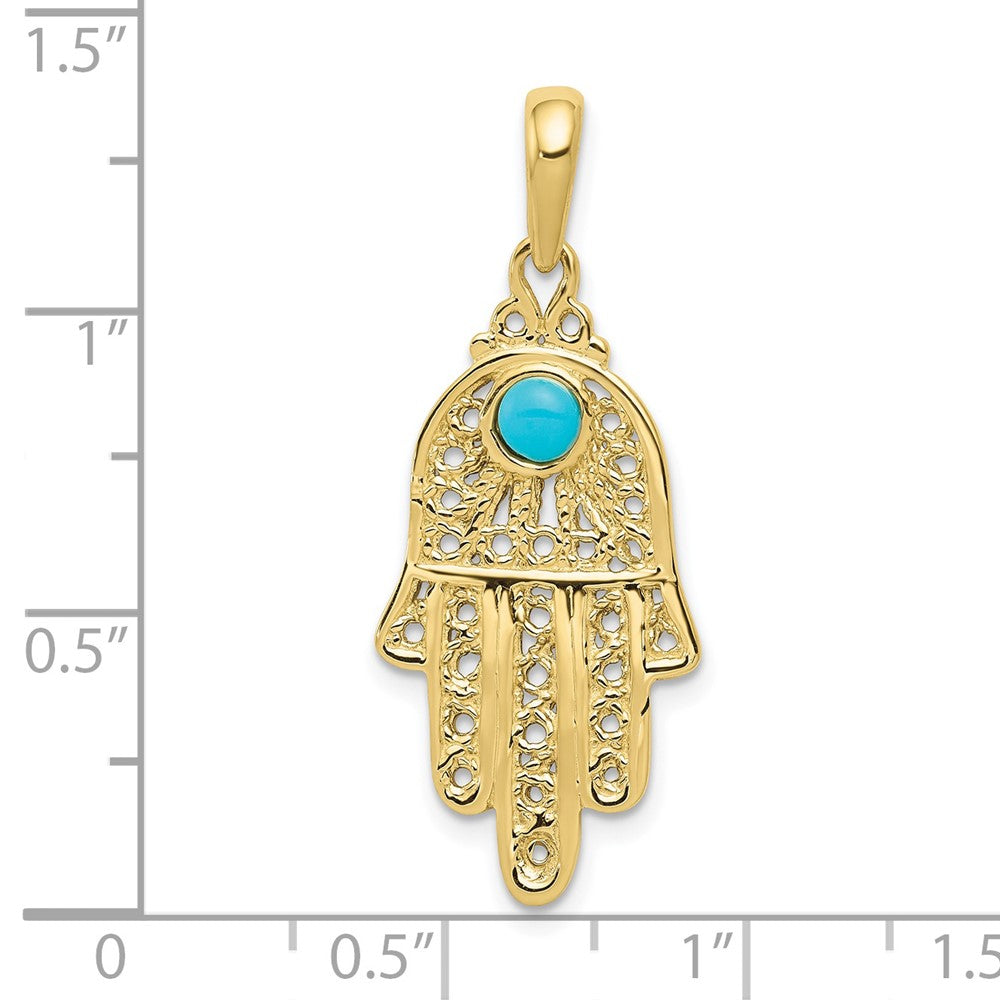 10k Yellow Gold 15 mm Turquoise Filigree Chamseh Pendant (2.02 grams)