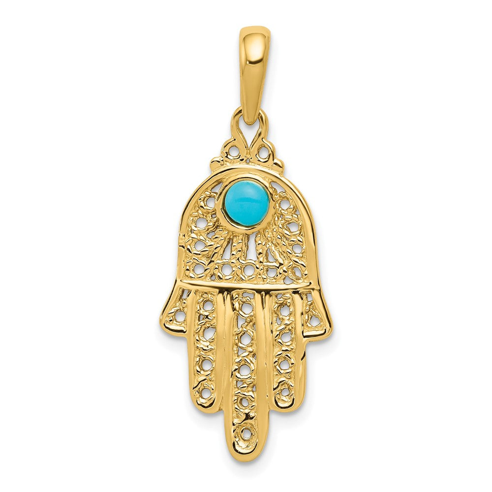 10k Yellow Gold 15 mm Turquoise Filigree Chamseh Pendant (2.02 grams)