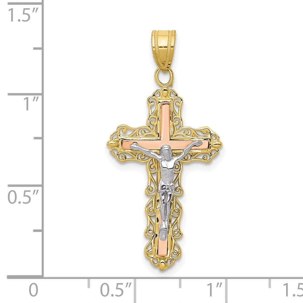 10k Tri Color 16 mm Tri-color Diamond-cut Jesus Crucifix Pendant (1.49 grams)