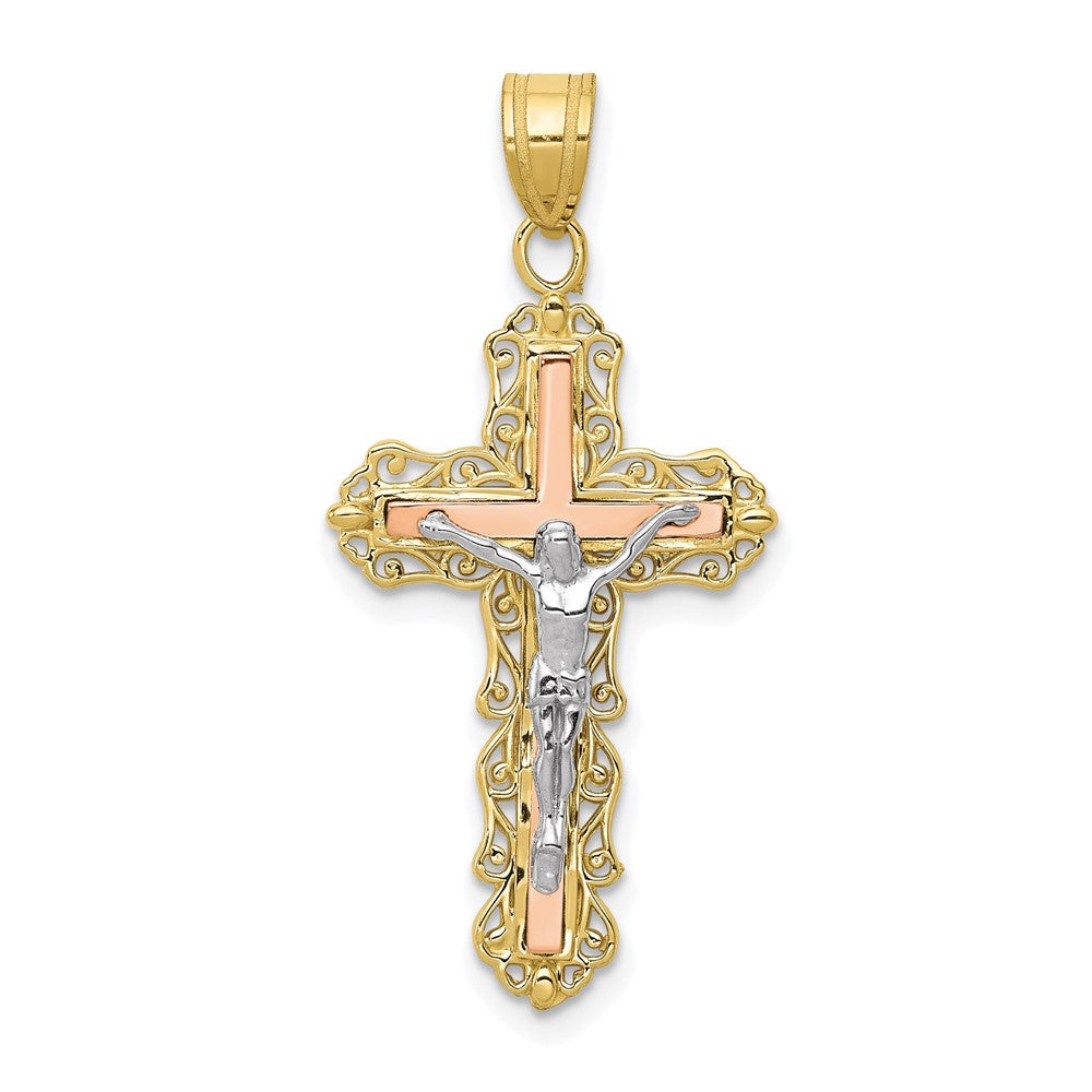 10k Tri Color 16 mm Tri-color Diamond-cut Jesus Crucifix Pendant (1.49 grams)