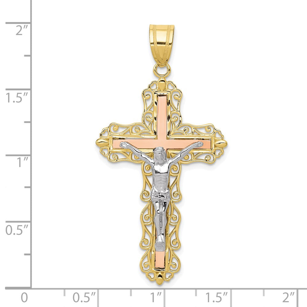 10k Tri Color 25 mm Tri-color Diamond-cut Jesus Crucifix Pendant (3.23 grams)