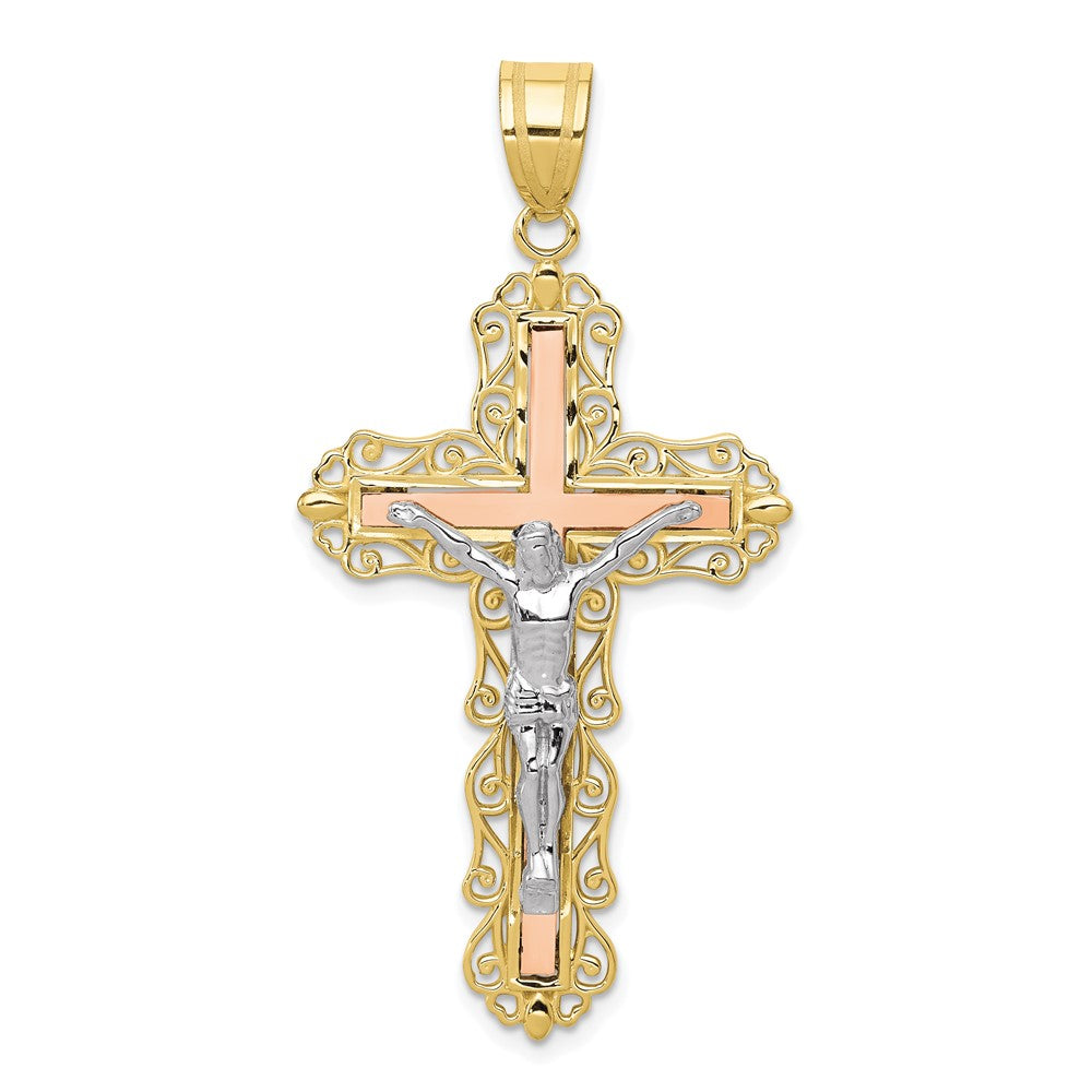 10k Tri Color 25 mm Tri-color Diamond-cut Jesus Crucifix Pendant (3.23 grams)