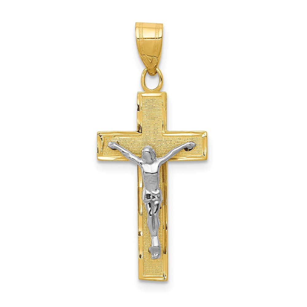 10k Two-tone 8 mm Two-tone Diamond-cut Jesus Crucifix Charm (0.86 grams)