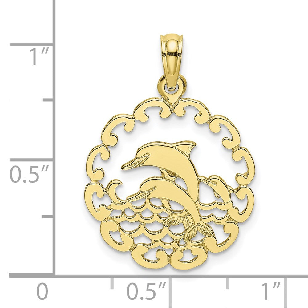 10k Yellow Gold 17.45 mm Cut-out Jumping Dolphins Pendant (0.99 grams)