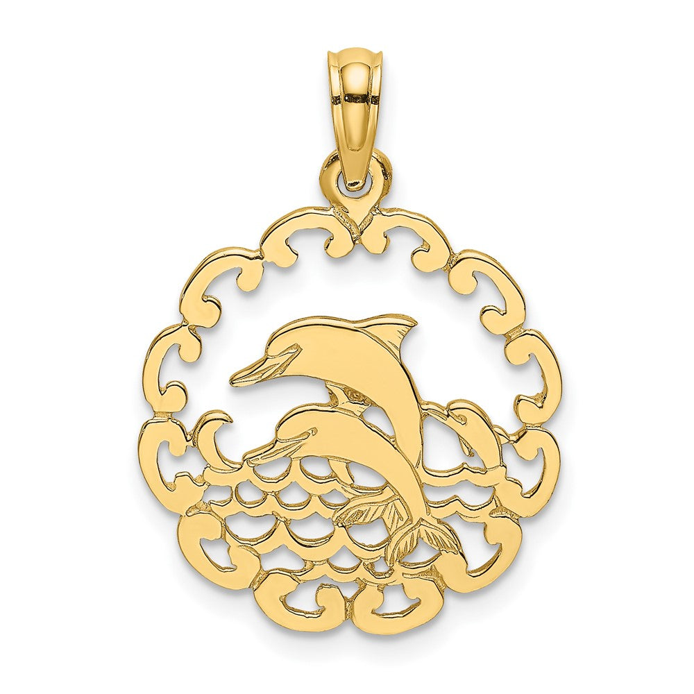 10k Yellow Gold 17.45 mm Cut-out Jumping Dolphins Pendant (0.99 grams)