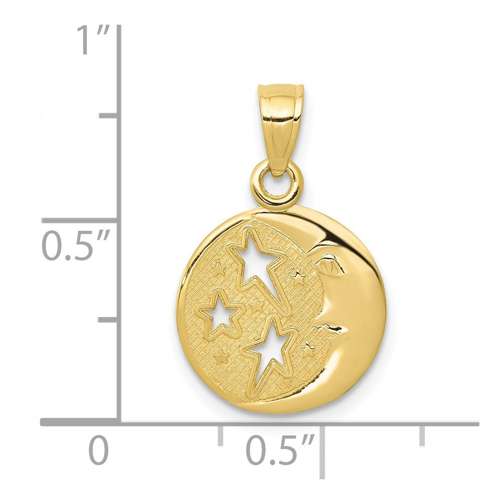 10k Yellow Gold 10 mm Polished Flat-Backed Moon with Three Stars Pendant (0.6 grams)