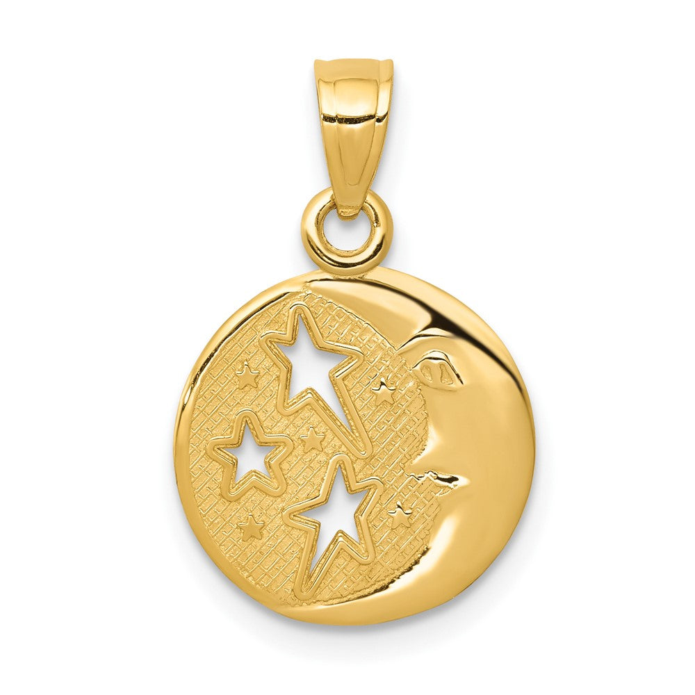 10k Yellow Gold 10 mm Polished Flat-Backed Moon with Three Stars Pendant (0.6 grams)