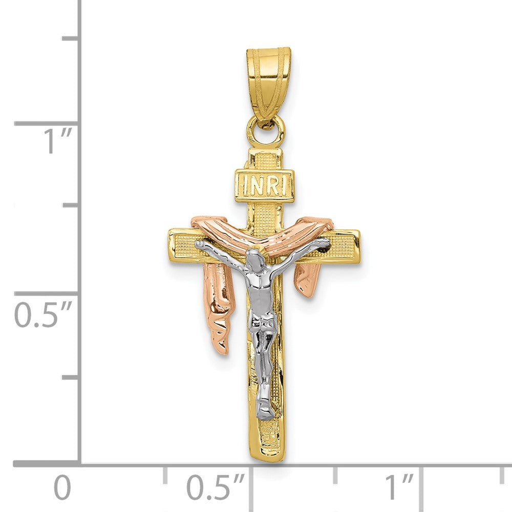 10k Tri Color 18 mm Tri-color Diamond-cut Small Draped INRI Jesus Crucifix Pendant (1.51 grams)