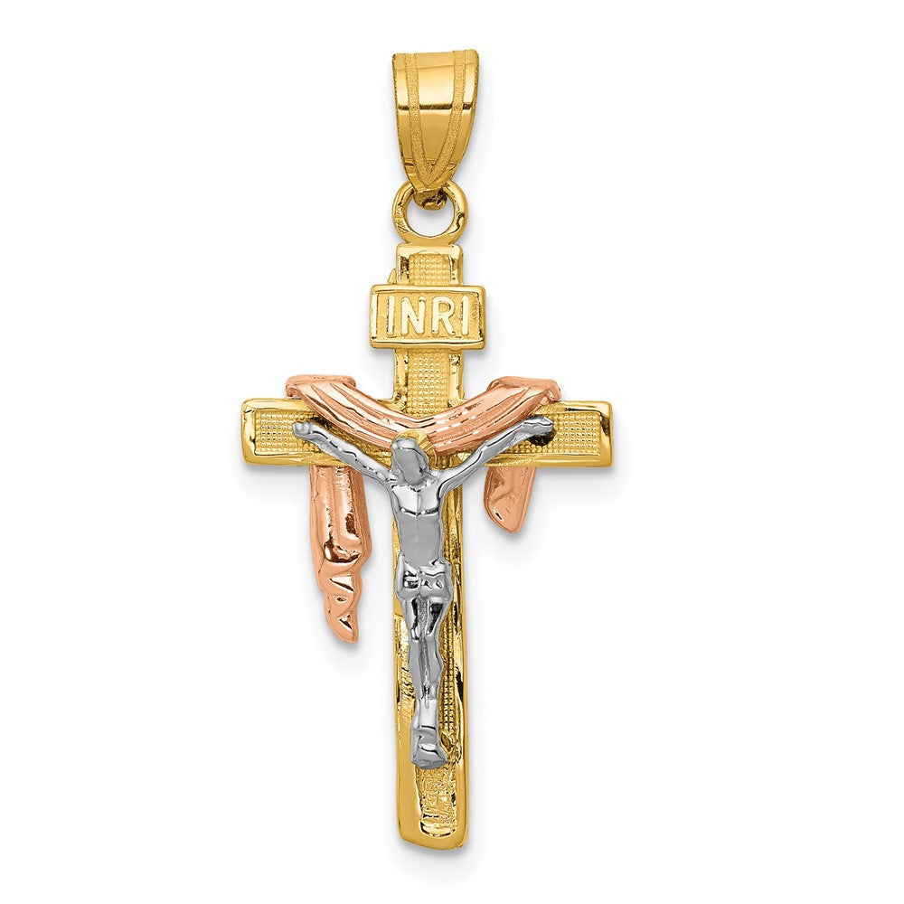 10k Tri Color 18 mm Tri-color Diamond-cut Small Draped INRI Jesus Crucifix Pendant (1.51 grams)