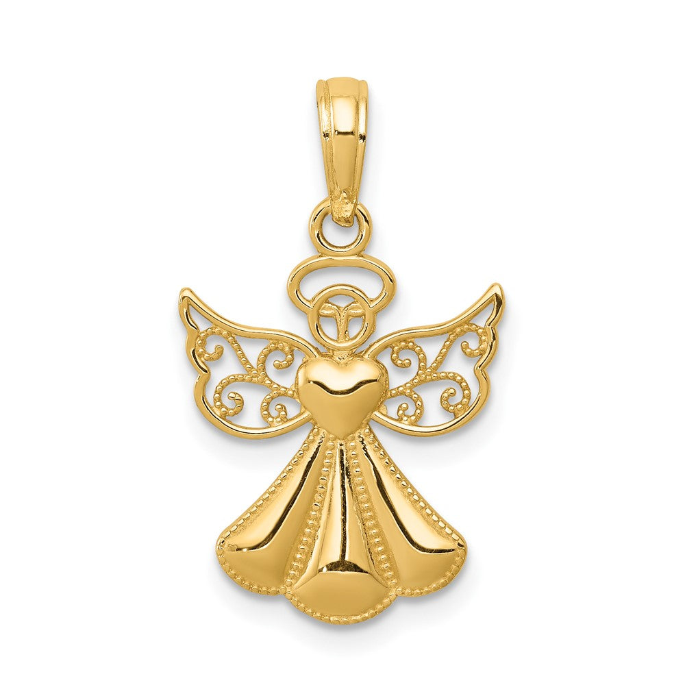 10k Yellow Gold 14 mm Polished Textured Guardian Angel W/Heart Pendant