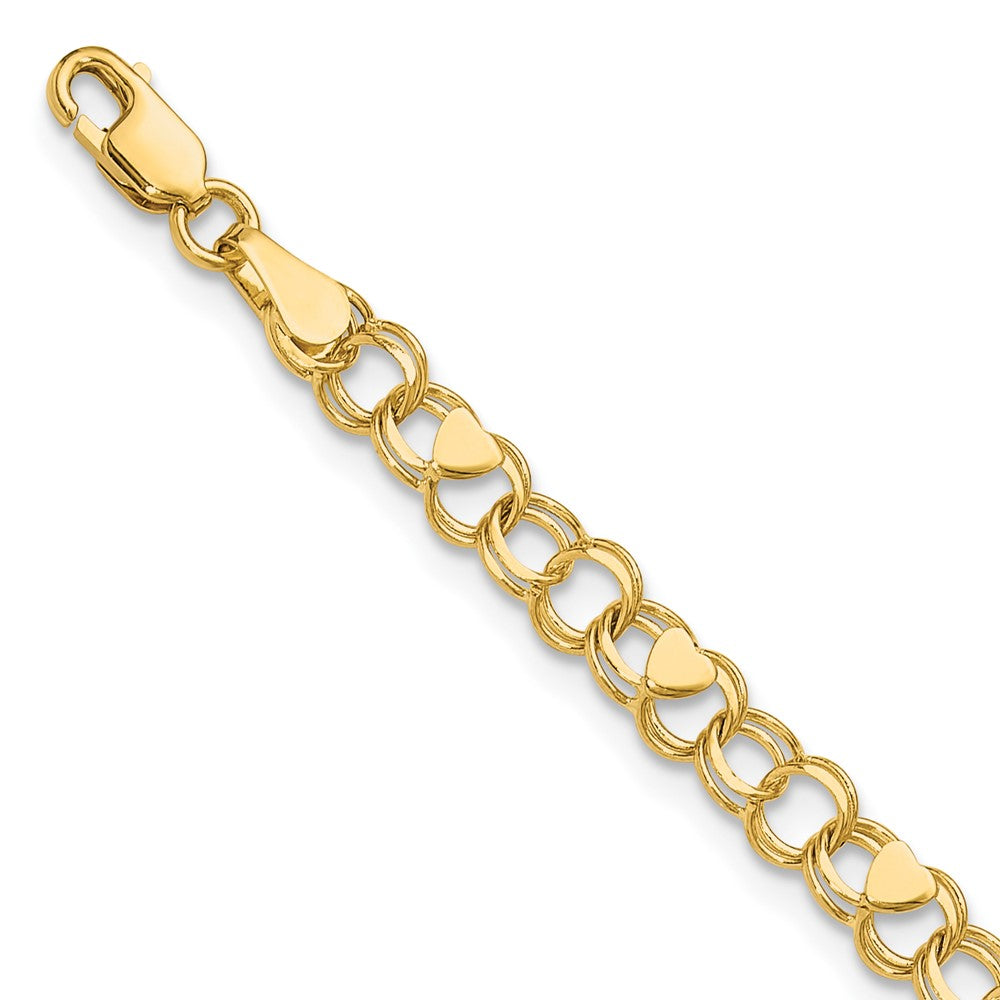10k Yellow Gold 4 mm Double Link Heart Charm Bracelet