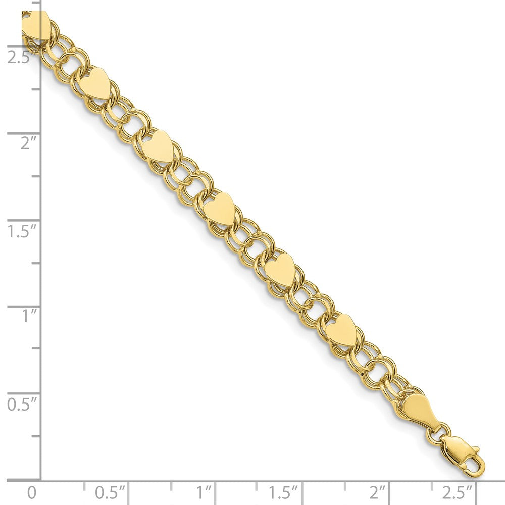 10k Yellow Gold 6 mm Double Link with Hearts Charm Bracelet (5.6 grams)