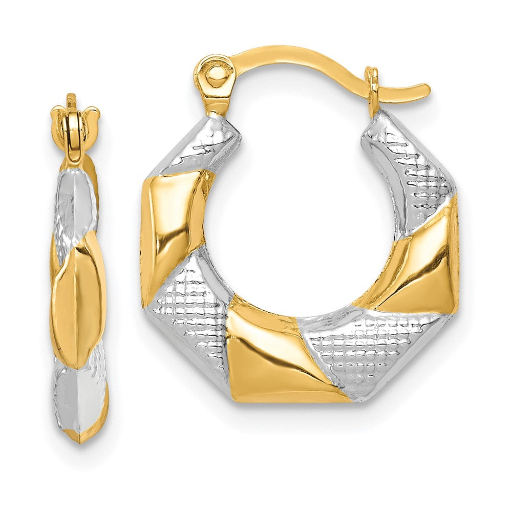 10k Yellow w/Rhodium 15 mm  Scalloped Hollow Hoop Earrings