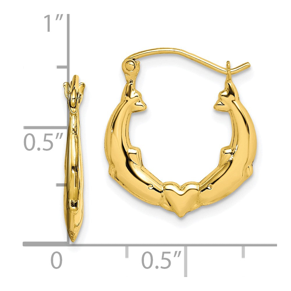 10k Yellow Gold 17 mm Dolphin Heart Hollow Hoop Earrings