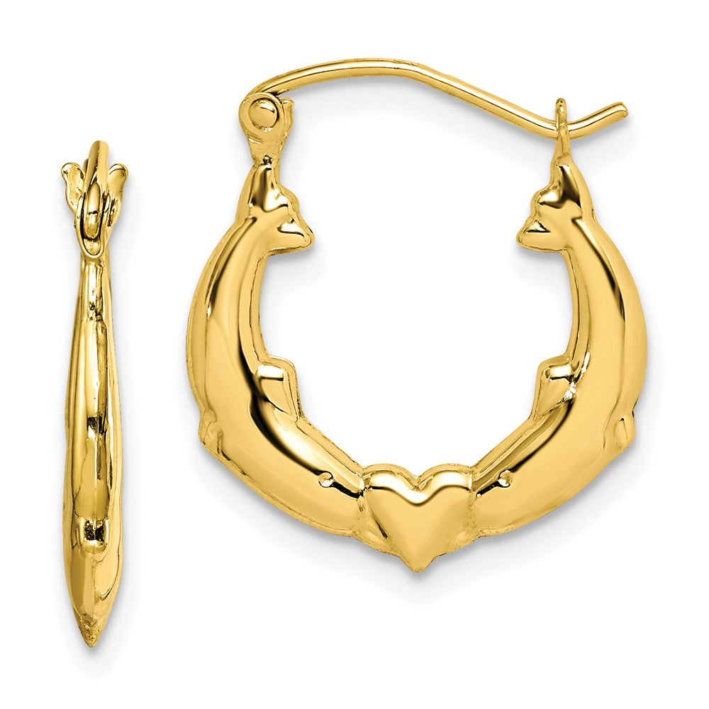 10k Yellow Gold 17 mm Dolphin Heart Hollow Hoop Earrings