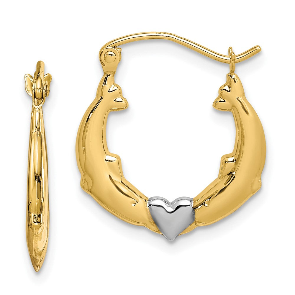 10k Yellow w/Rhodium 17 mm  Dolphin Heart Hollow Hoop Earrings (0.63 grams)