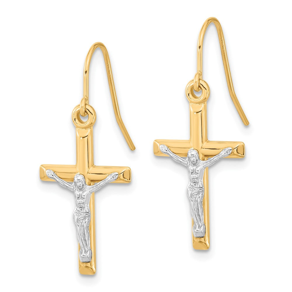 10k Two-tone 11.72 mm Polished Jesus Crucifix Earrings (0.94 grams)