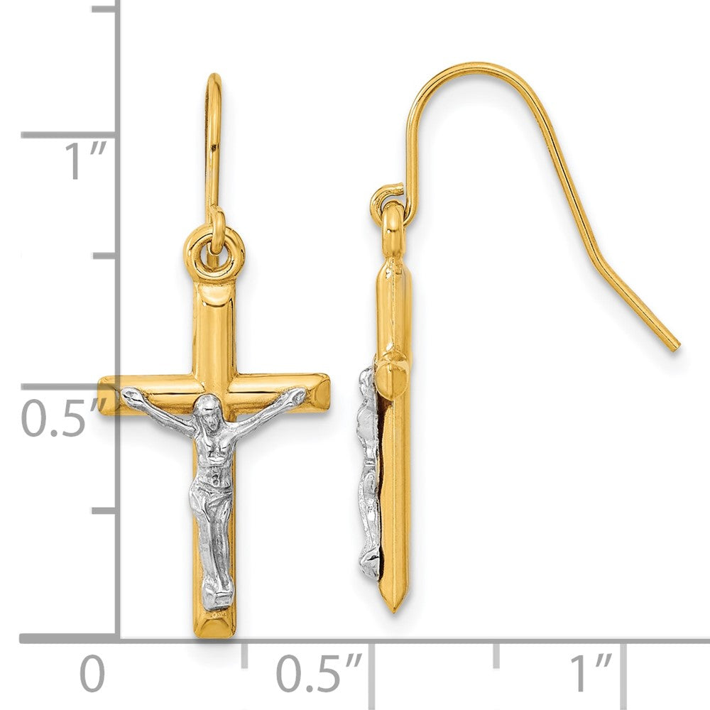 10k Two-tone 11.72 mm Polished Jesus Crucifix Earrings (0.94 grams)